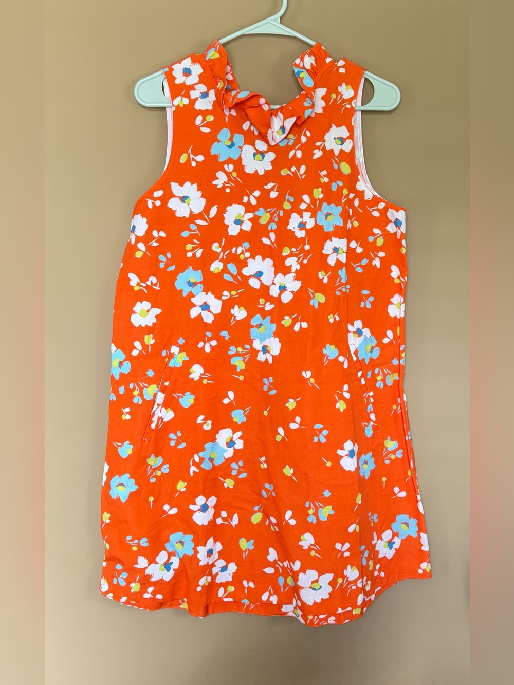 Tyler Boe Stella Linen Blend Orange Floral Ruffle Collar Neck Dress Bow Back